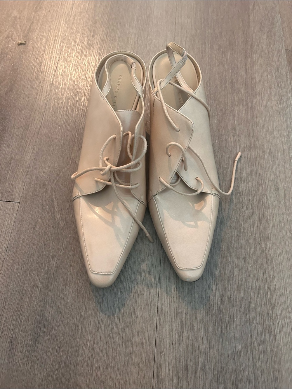 Charles & Keith Cream Lace-Up Pointed Slingback Mules